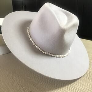 Wyeth Cream Ivory Wide Brim Wool Fedora Hat Pearl Chain Band OS